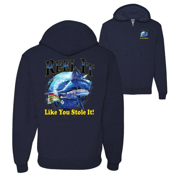 Wild Bobby,Reel It Like You Stole It Fishing Front and Back Graphic Zip Up Hoodie Sweatshirt, Navy, Large