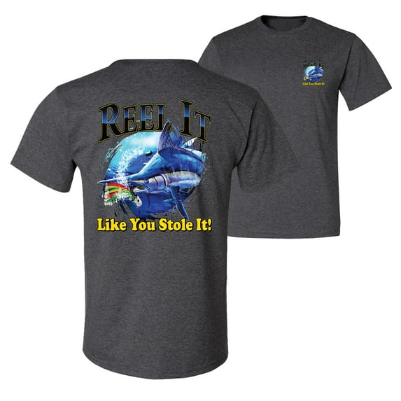 Wild Bobby,Reel It Like You Stole It Fishing Front and Back Men's Graphic T-Shirt, Heather Black, Small
