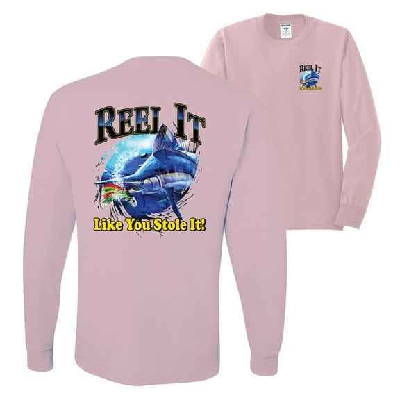 Wild Bobby,Reel It Like You Stole It Fishing Front and Back Mens Long Sleeve Shirt, Light Pink, Medium