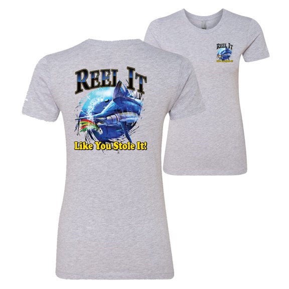Wild Bobby,Reel It Like You Stole It Fishing Front and Back Womens Premium Graphic T-Shirt, Heather Grey, Large