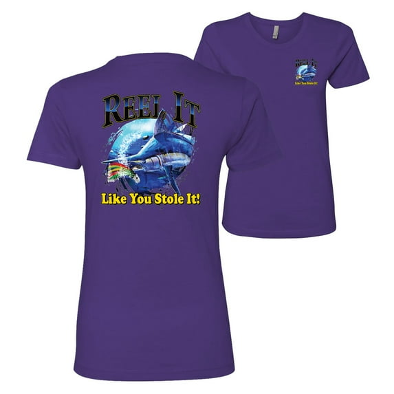 Wild Bobby,Reel It Like You Stole It Fishing Front and Back Womens Premium Graphic T-Shirt, Purple, Large