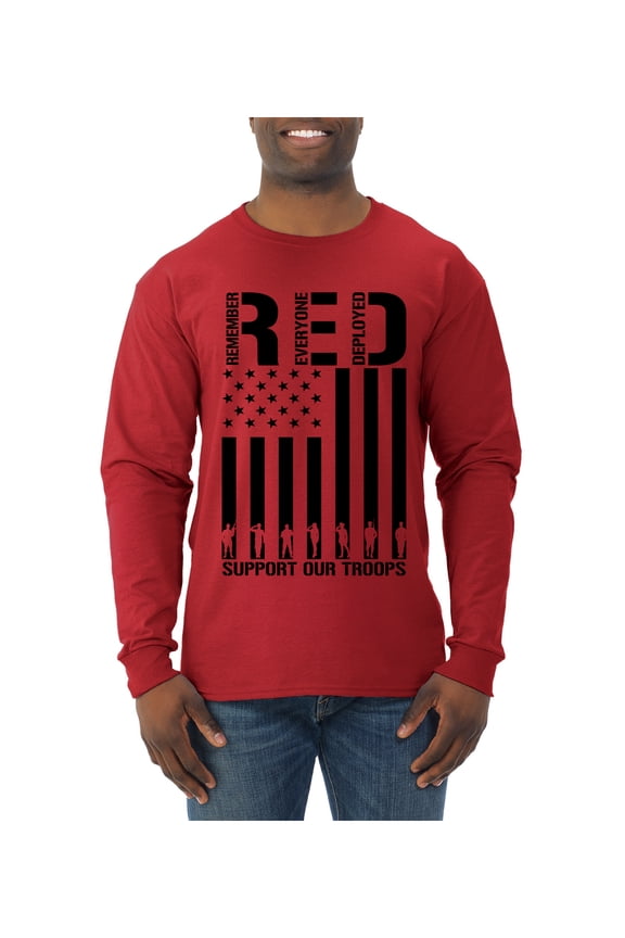 Remember Everyone Deployed RED Support Our Troops Military Black Flag Men Long Sleeve Shirt