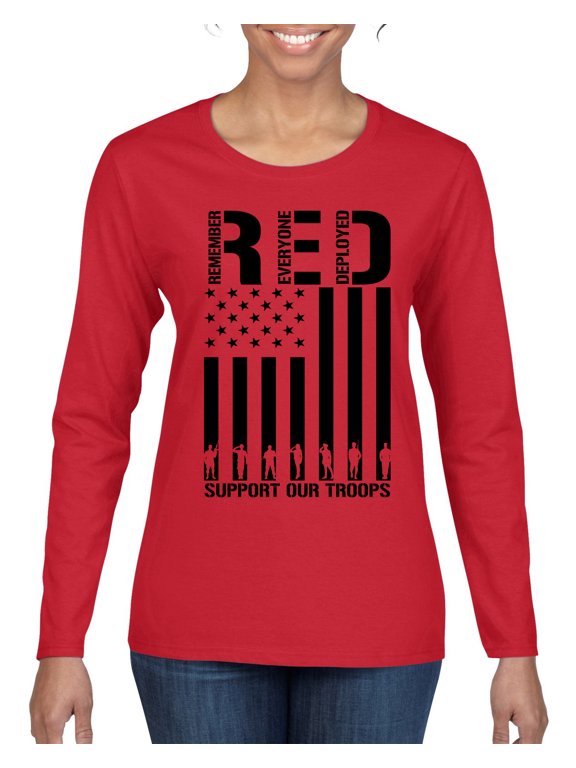 Remember Everyone Deployed RED Support Our Troops Military Black Flag Women Graphic Long Sleeve Tee