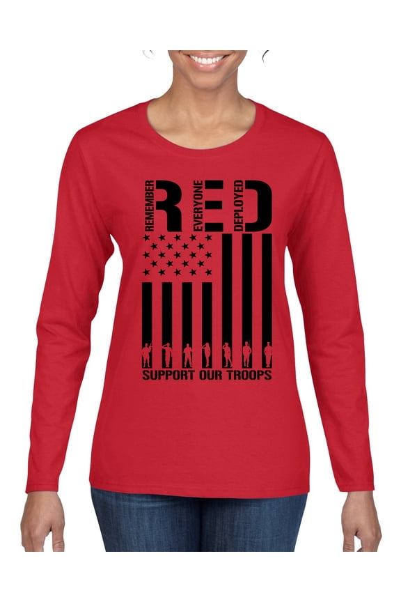 Remember Everyone Deployed RED Support Our Troops Military Black Flag Women Graphic Long Sleeve Tee
