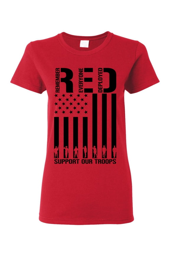 Remember Everyone Deployed RED Support Our Troops Military Black Flag Women Graphic Tee