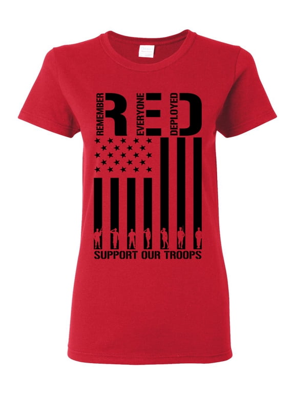 Remember Everyone Deployed RED Support Our Troops Military Black Flag Women Graphic Tee