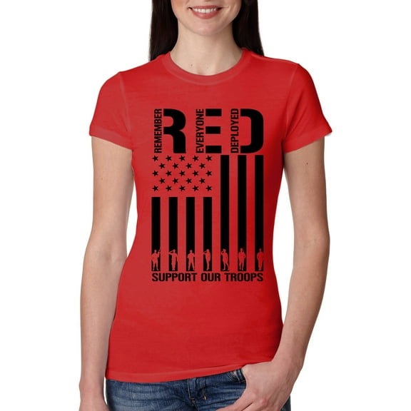 Wild Bobby Remember Everyone Deployed RED Support Our Troops Military Black Flag Women Slim Fit Junior Tee