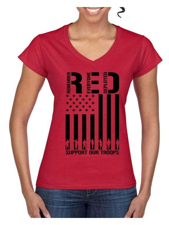 Remember Everyone Deployed RED Support Our Troops Military Black Flag Women Standard V-Neck Tee