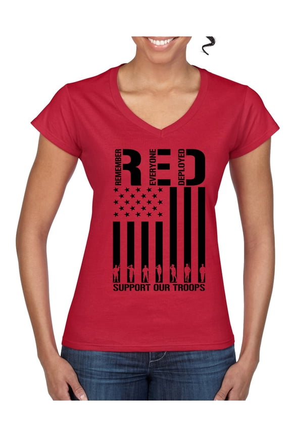 Remember Everyone Deployed RED Support Our Troops Military Black Flag Women Standard V-Neck Tee
