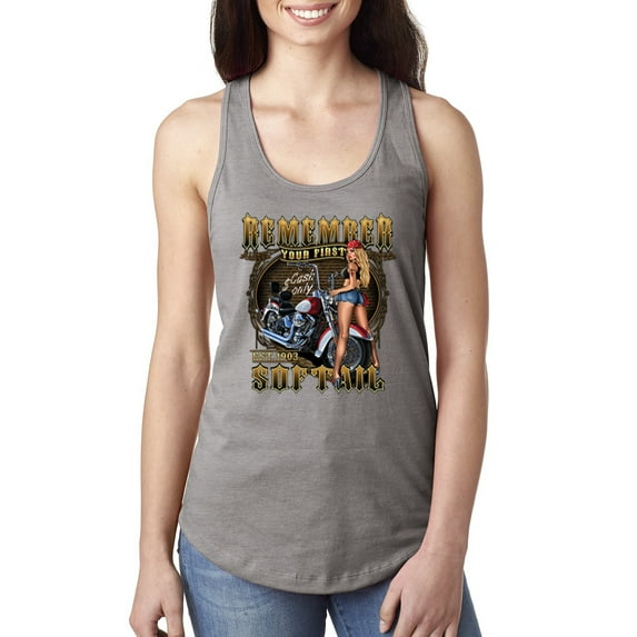 Wild Bobby, Remember Your First Soft Tail Bike Hot Babe Cars and Trucks Ladies Racerback Tank Top, Heather Grey, Medium