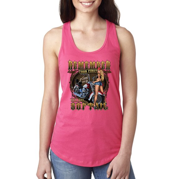 Wild Bobby, Remember Your First Soft Tail Bike Hot Babe Cars and Trucks Ladies Racerback Tank Top, Hot Pink, X-Large