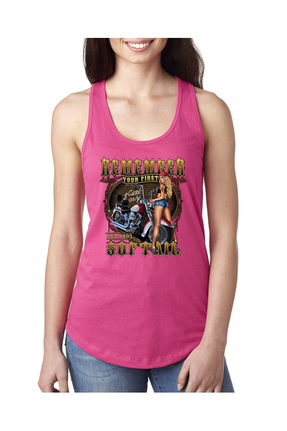, Remember Your First Soft Tail Bike Hot Babe Cars and Trucks Ladies Racerback Tank Top, Raspberry, Medium
