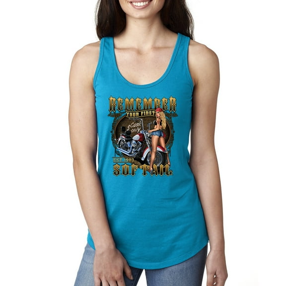 Wild Bobby, Remember Your First Soft Tail Bike Hot Babe Cars and Trucks Ladies Racerback Tank Top, Turquoise, Small