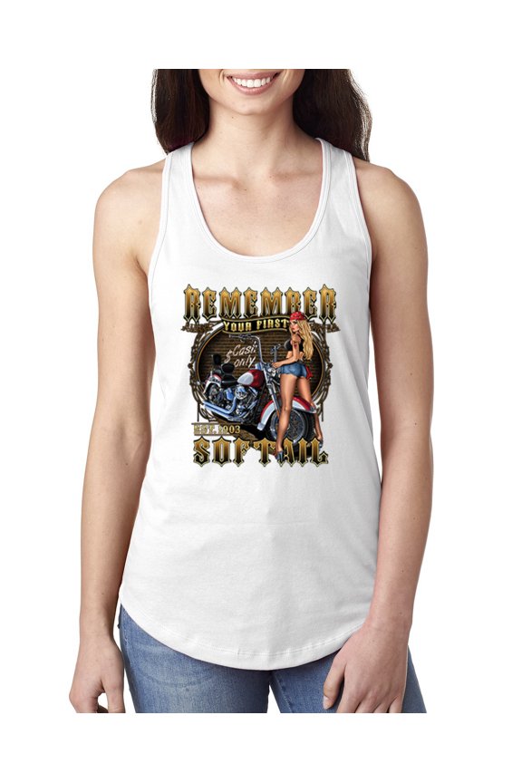 , Remember Your First Soft Tail Bike Hot Babe Cars and Trucks Ladies Racerback Tank Top, White, Large