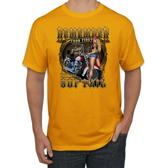 Remember Your First Soft Tail Bike Hot Babe Cars and Trucks Men's Graphic T-Shirt, Gold, Large