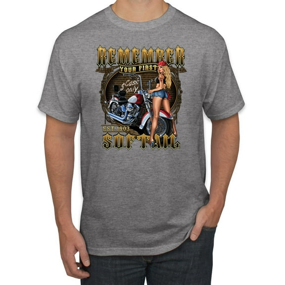 Wild Bobby, Remember Your First Soft Tail Bike Hot Babe Cars and Trucks Men's Graphic T-Shirt, Heather Grey, Small