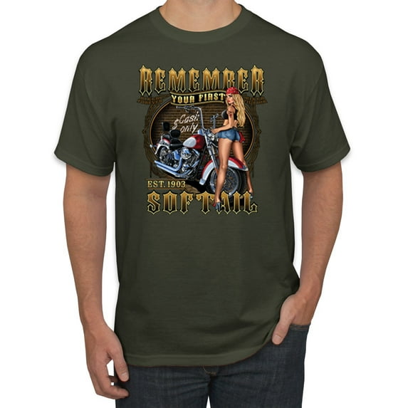 Wild Bobby, Remember Your First Soft Tail Bike Hot Babe Cars and Trucks Men's Graphic T-Shirt, Military Green, 2XL