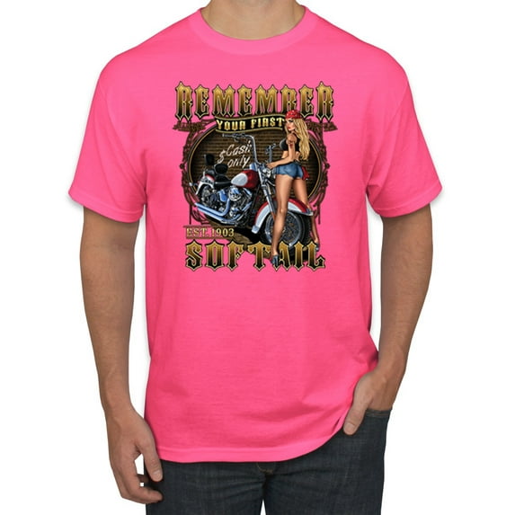 Wild Bobby, Remember Your First Soft Tail Bike Hot Babe Cars and Trucks Men's Graphic T-Shirt, Neon Pink, Small