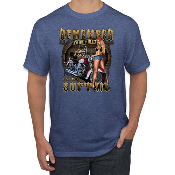 Wild Bobby, Remember Your First Soft Tail Bike Hot Babe Cars and Trucks Men's Graphic T-Shirt, Vintage Heather Blue, Medium