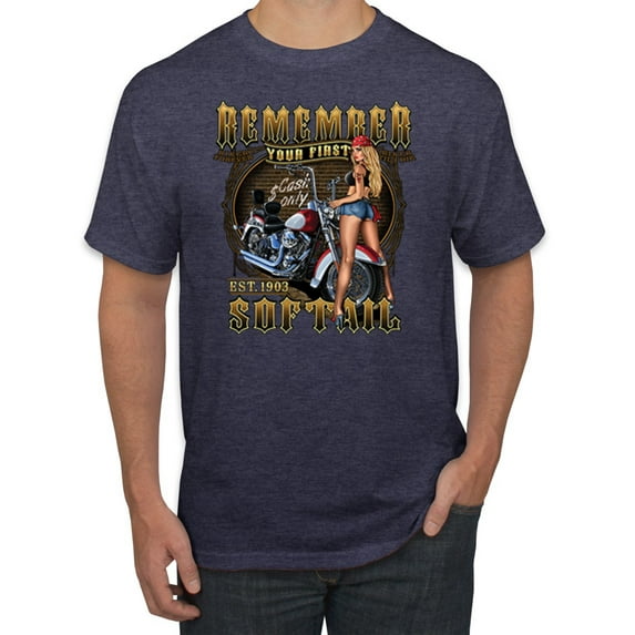 Wild Bobby, Remember Your First Soft Tail Bike Hot Babe Cars and Trucks Men's Graphic T-Shirt, Vintage Heather Navy, 3XL