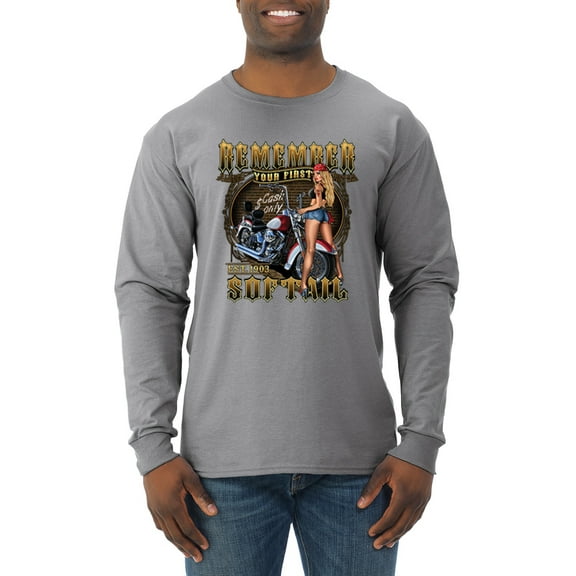 Wild Bobby, Remember Your First Soft Tail Bike Hot Babe Cars and Trucks Mens Long Sleeve Shirt, Heather Grey, Large