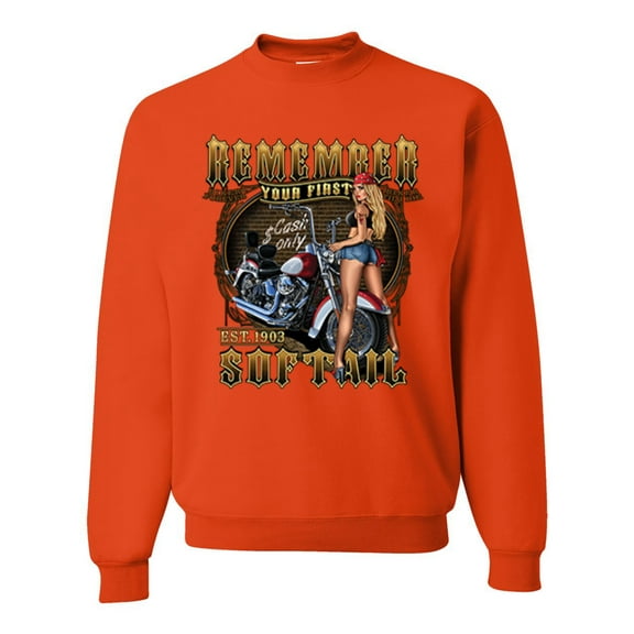 Wild Bobby, Remember Your First Soft Tail Bike Hot Babe Cars and Trucks Unisex Crewneck Graphic Sweatshirt, Orange, Large