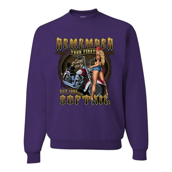 Wild Bobby, Remember Your First Soft Tail Bike Hot Babe Cars and Trucks Unisex Crewneck Graphic Sweatshirt, Purple, Large