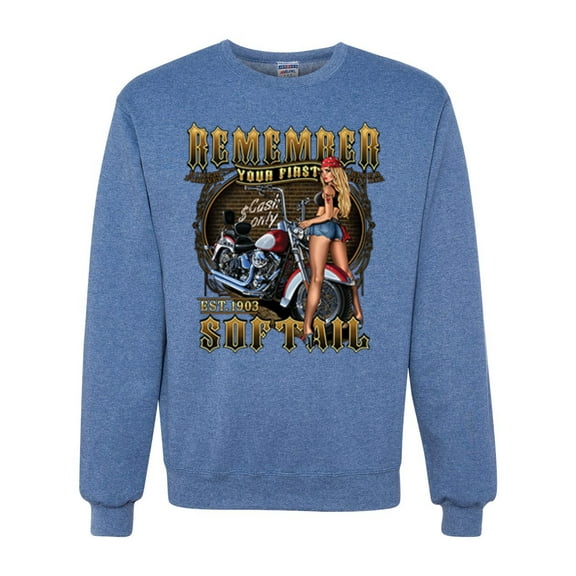 Wild Bobby, Remember Your First Soft Tail Bike Hot Babe Cars and Trucks Unisex Crewneck Graphic Sweatshirt, Vintage Heather Blue, 3XL
