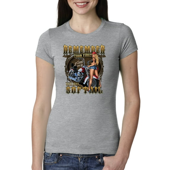 Wild Bobby, Remember Your First Soft Tail Bike Hot Babe Cars and Trucks Womens Slim Fit Junior Tee, Heather Grey, Large