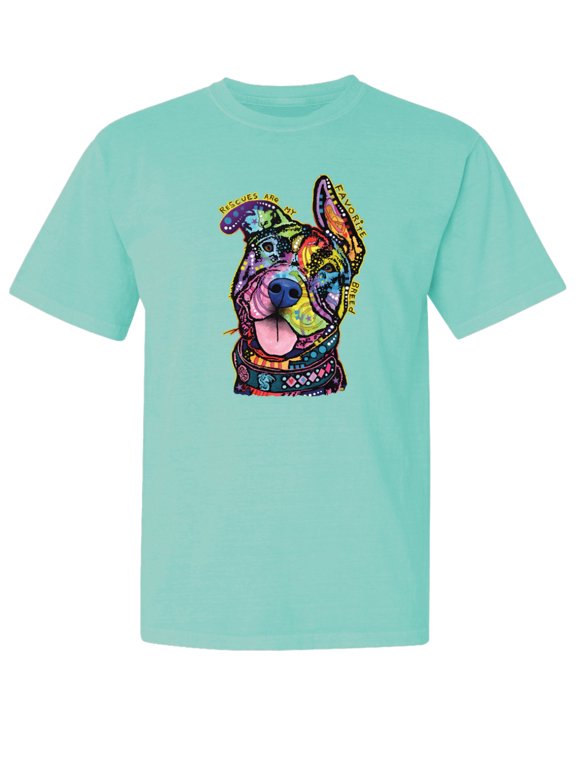 ,Rescues are My Favorite Breed | Cute Neon Dean Russo Pitbull Dog Dog Lover Garment-Dyed Washed Look Short Sleeve Tees, Mint, X-Large