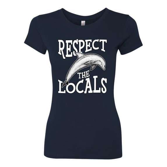 Wild Bobby Respect The Locals Save Our Oceans Dolphin Animal Lover Women Slim Fit Junior Tee, Navy, Small