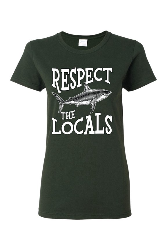 Respect The Locals Save Our Oceans Shark Animal Lover Women Graphic Tee, Forest Green, Large