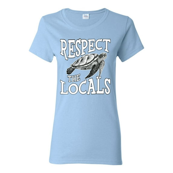 Wild Bobby Respect The Locals Save Our Oceans Turtle Animal Lover Women Graphic Tee, Light Blue, Large