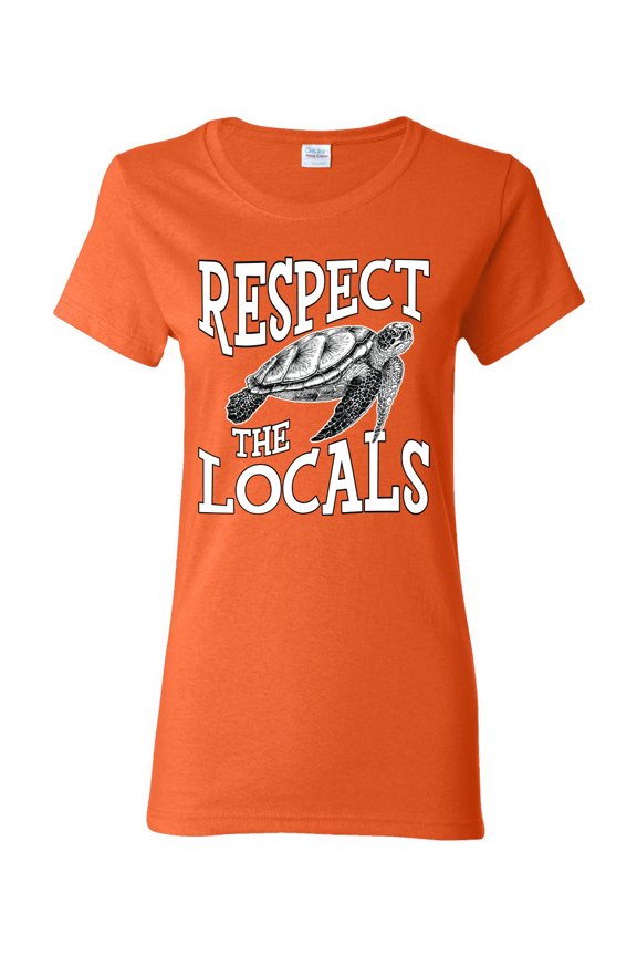 Respect The Locals Save Our Oceans Turtle Animal Lover Women Graphic Tee, Orange, Medium