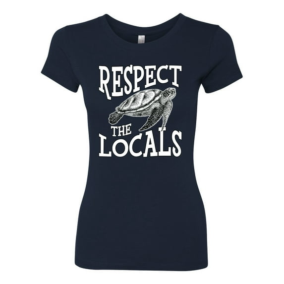 Wild Bobby Respect The Locals Save Our Oceans Turtle Animal Lover Women Slim Fit Junior Tee, Navy, Large