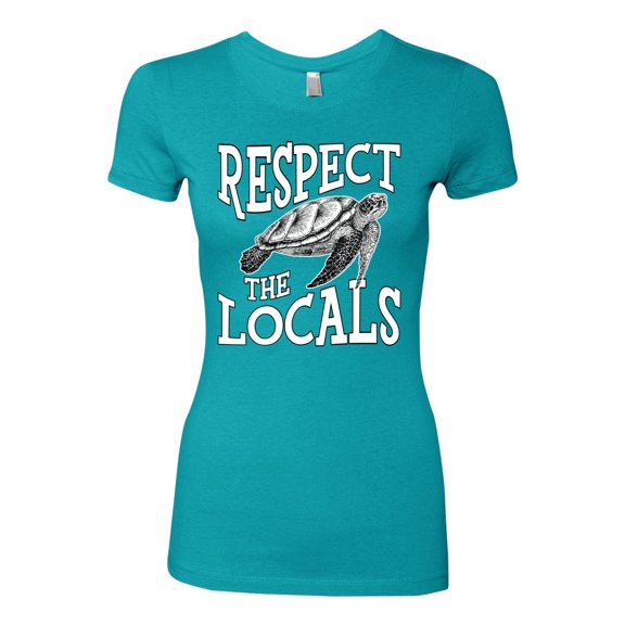 Wild Bobby Respect The Locals Save Our Oceans Turtle Animal Lover Women Slim Fit Junior Tee, Tahiti Blue, Large