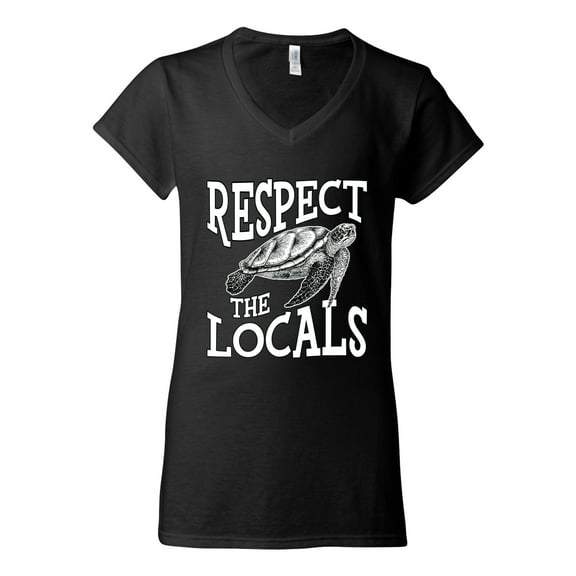 Wild Bobby Respect The Locals Save Our Oceans Turtle Animal Lover Women Standard V-Neck Tee, Black, XX-Large