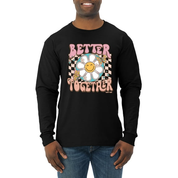 Wild Bobby Retro Better Together Daisy Smiley Face Checkered Background Vintage Men Long Sleeve Shirt, Black, Small