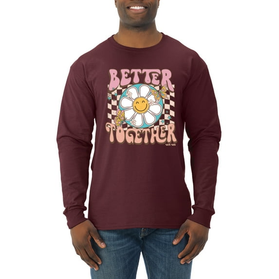 Wild Bobby Retro Better Together Daisy Smiley Face Checkered Background Vintage Men Long Sleeve Shirt, Maroon, XX-Large