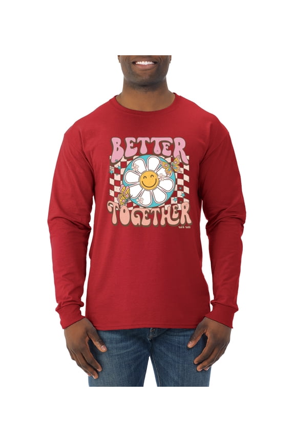 Retro Better Together Daisy Smiley Face Checkered Background Vintage Men Long Sleeve Shirt, Red, Medium