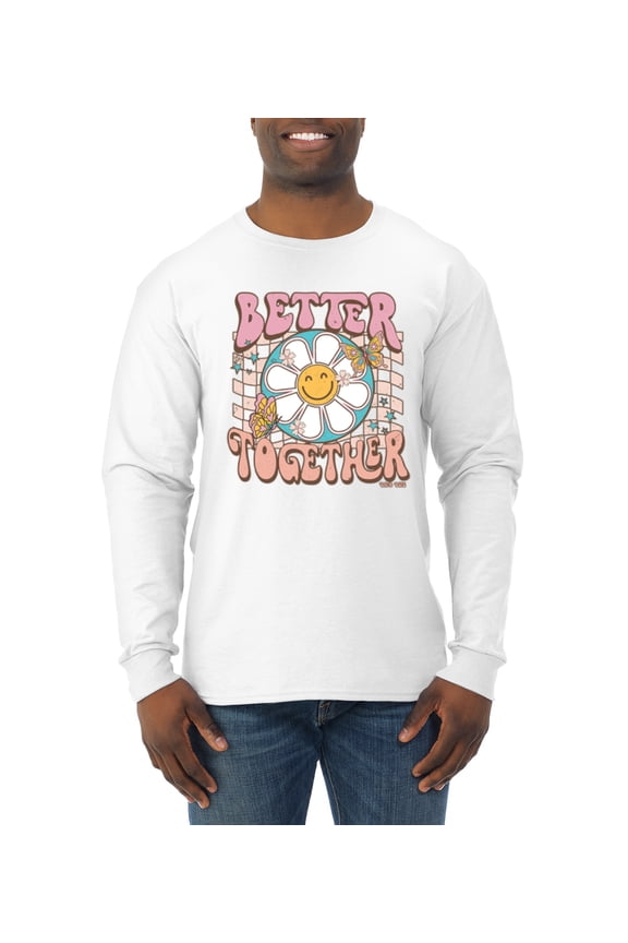 Retro Better Together Daisy Smiley Face Checkered Background Vintage Men Long Sleeve Shirt, White, XX-Large
