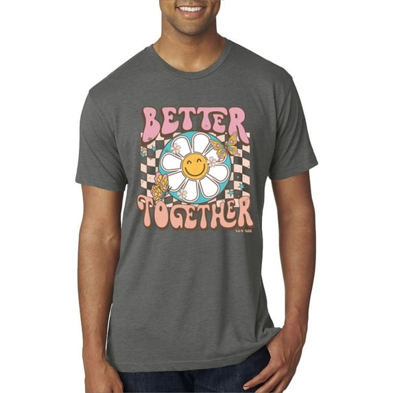 Wild Bobby Retro Better Together Daisy Smiley Face Checkered Background Vintage Men Premium Tri Blend Tee, Dark Heather, Large