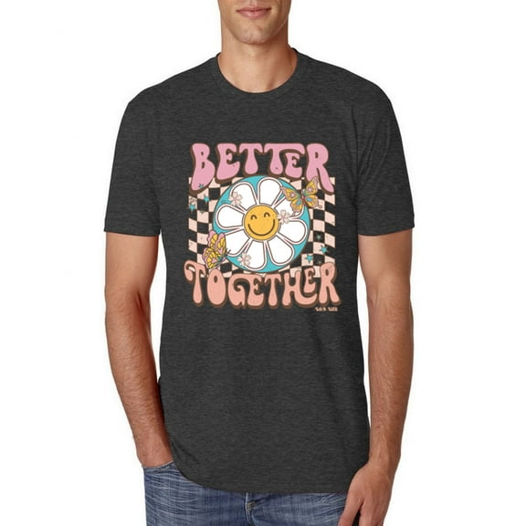 Wild Bobby Retro Better Together Daisy Smiley Face Checkered Background Vintage Men Premium Tri Blend Tee, Vintage Black, Small