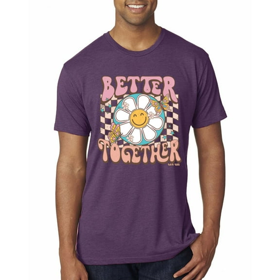 Wild Bobby Retro Better Together Daisy Smiley Face Checkered Background Vintage Men Premium Tri Blend Tee, Vintage Purple, Small