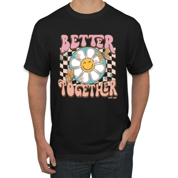 Wild Bobby Retro Better Together Daisy Smiley Face Checkered Background Vintage Men Tee, Black, 3X-Large