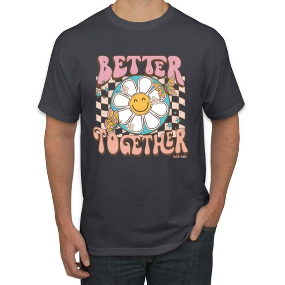 Wild Bobby Retro Better Together Daisy Smiley Face Checkered Background Vintage Men Tee, Charcoal, 3X-Large