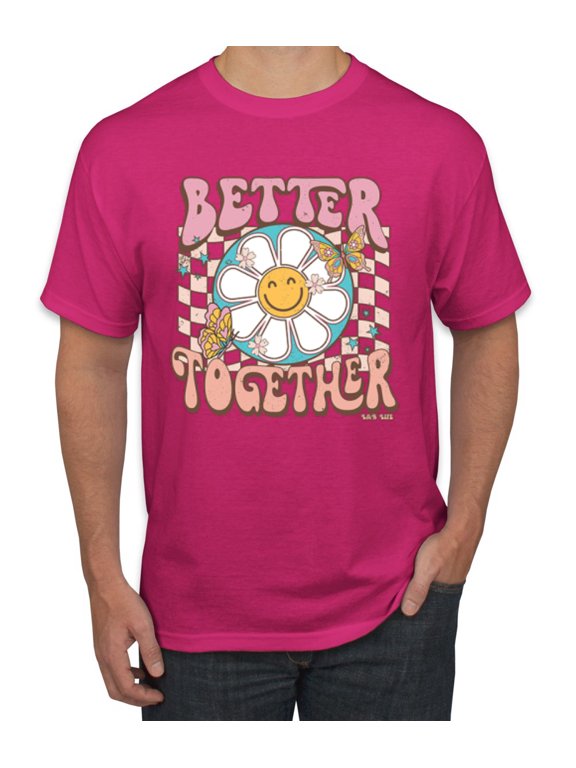 Retro Better Together Daisy Smiley Face Checkered Background Vintage Men Tee, Fuschia, Medium