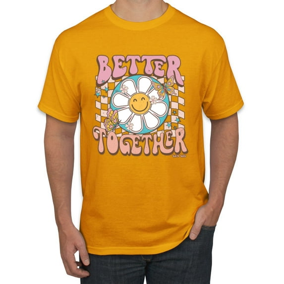 Wild Bobby Retro Better Together Daisy Smiley Face Checkered Background Vintage Men Tee, Gold, X-Large