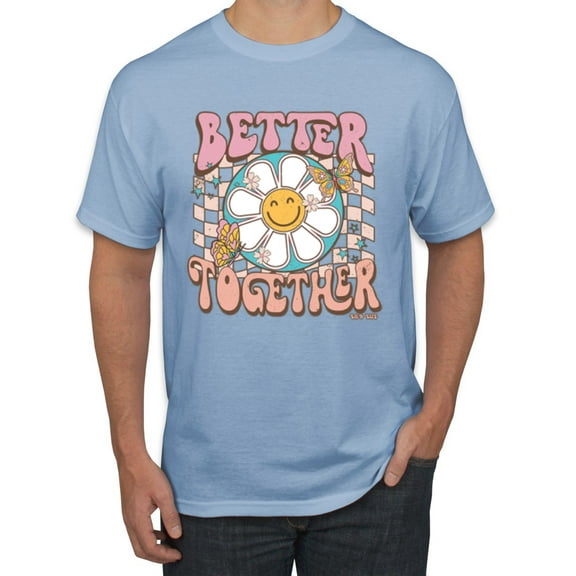 Wild Bobby Retro Better Together Daisy Smiley Face Checkered Background Vintage Men Tee, Light Blue, Large