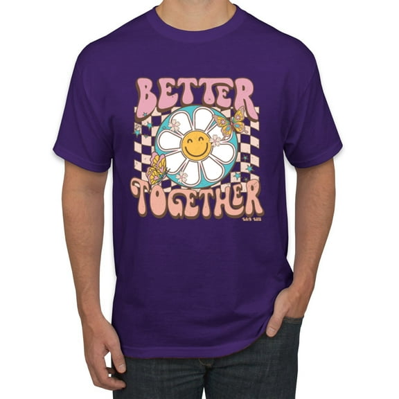 Wild Bobby Retro Better Together Daisy Smiley Face Checkered Background Vintage Men Tee, Purple, Large